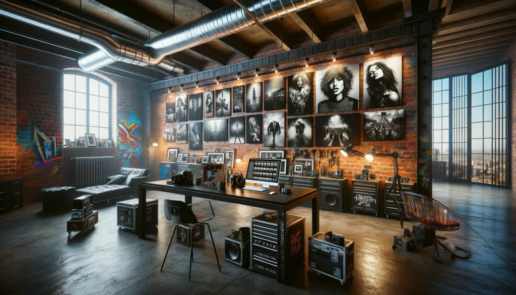 A hyper realistic image of a photography studio with an industrial grunge and punk rock aesthetic.